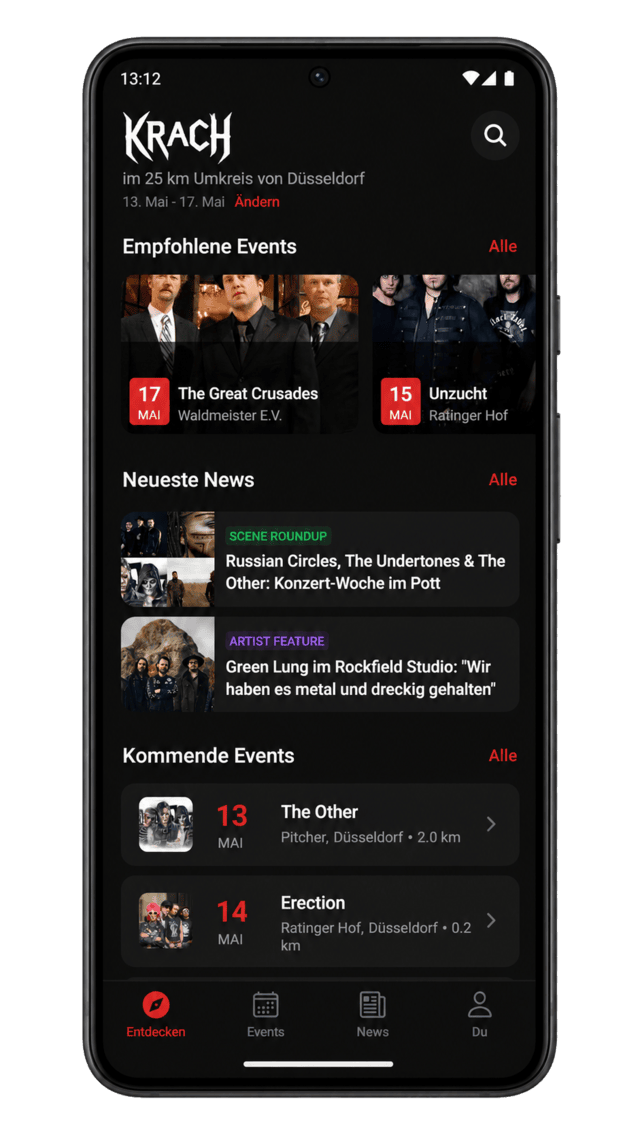 KRACH App — Discover-Ansicht mit Konzerten in deiner Nähe